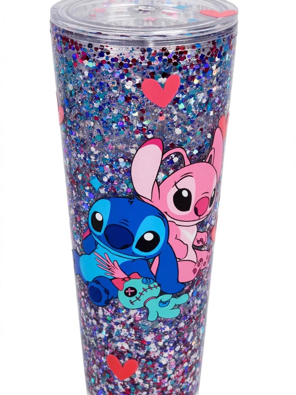 Disney Glitter Tumbler with Blue Stitch and Pink Angel Hearts [Custom Made]